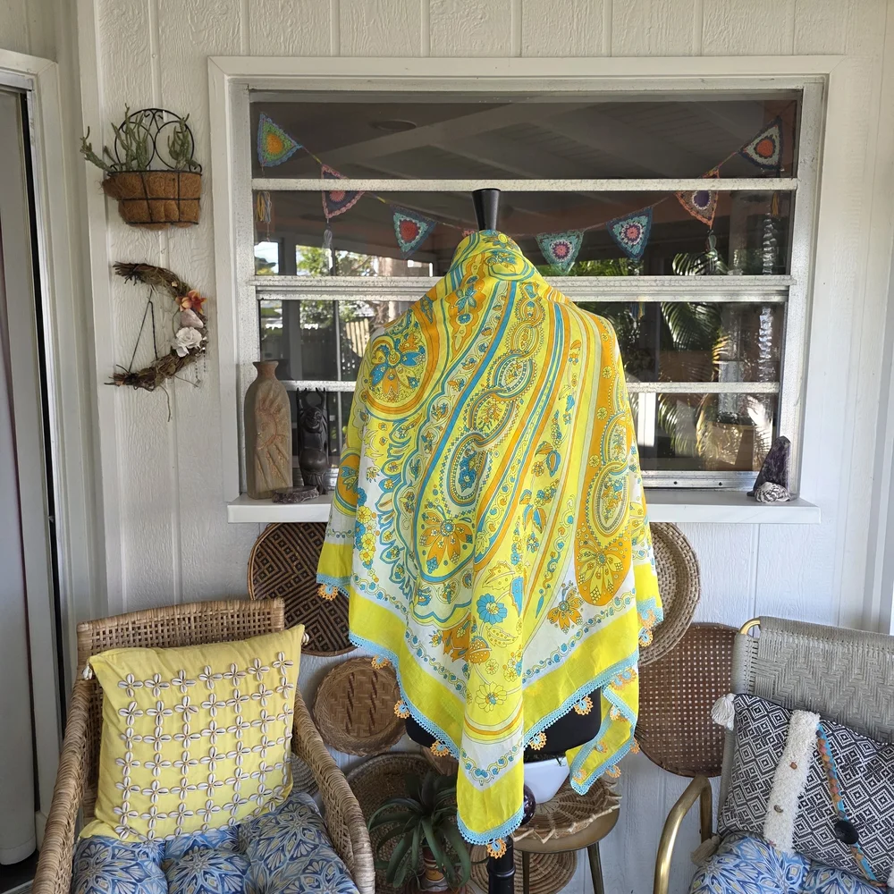 Vintage Huge Scarf Wrap Crochet Trim Resortwear Yellow Paisley Scarf